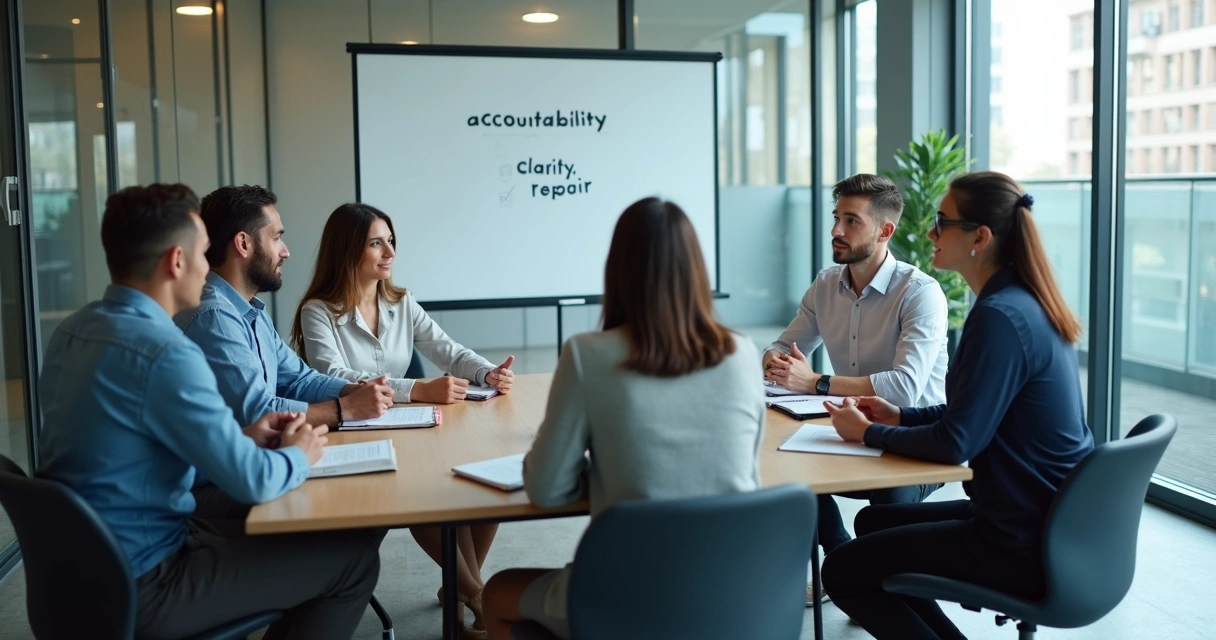 Team in a quiet meeting rebuilding trust after conflict 