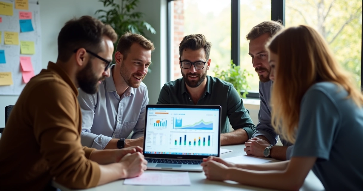 Team reviewing automated report together on laptop 