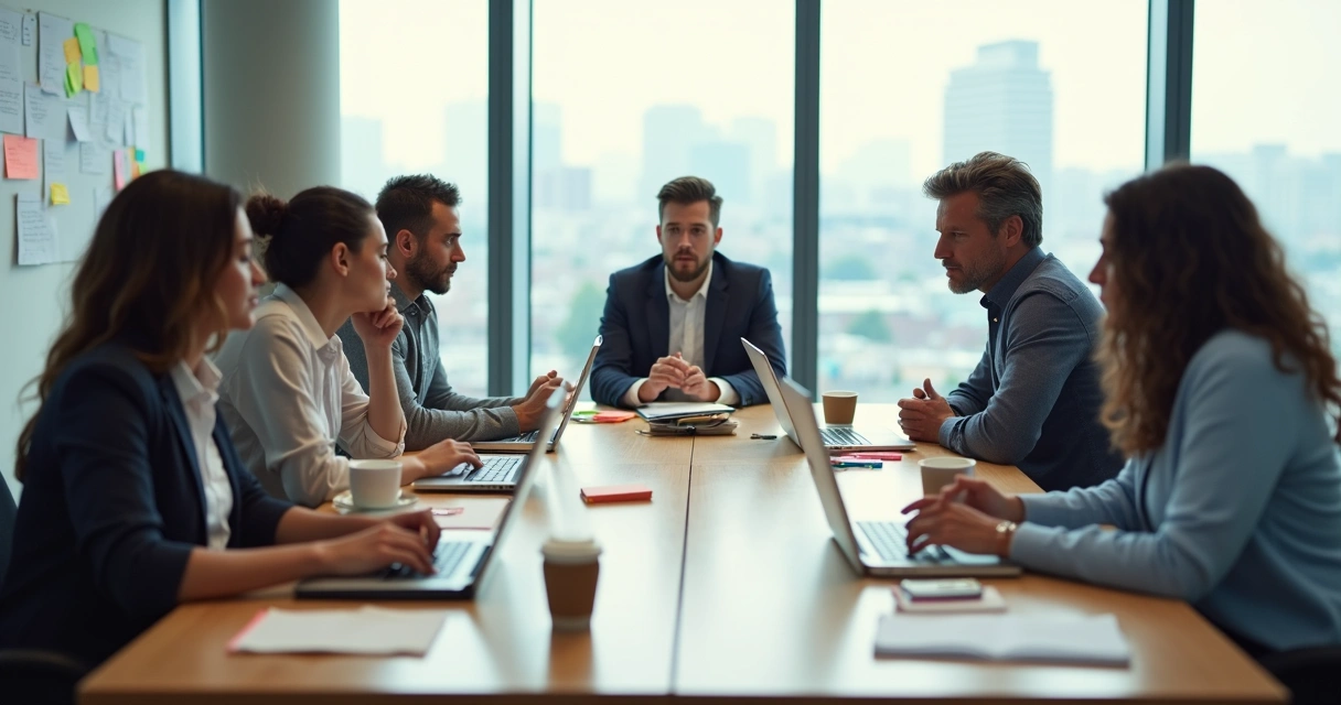 Collaborative team at meeting table with one member showing subtle resentment 