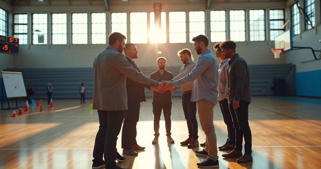 Work team in indoor court huddle lifting hands together after a setback 
