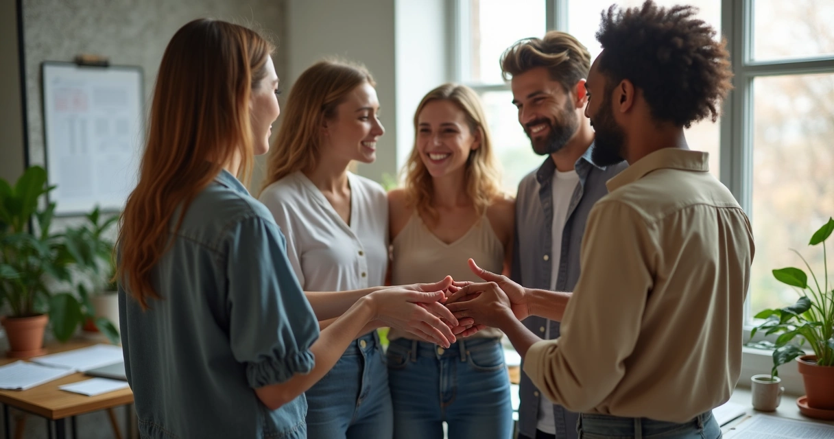 Team members encouraging each other in a circle 