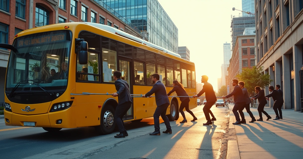 Coworkers forming a human chain to pull a stalled office bus up a hill 