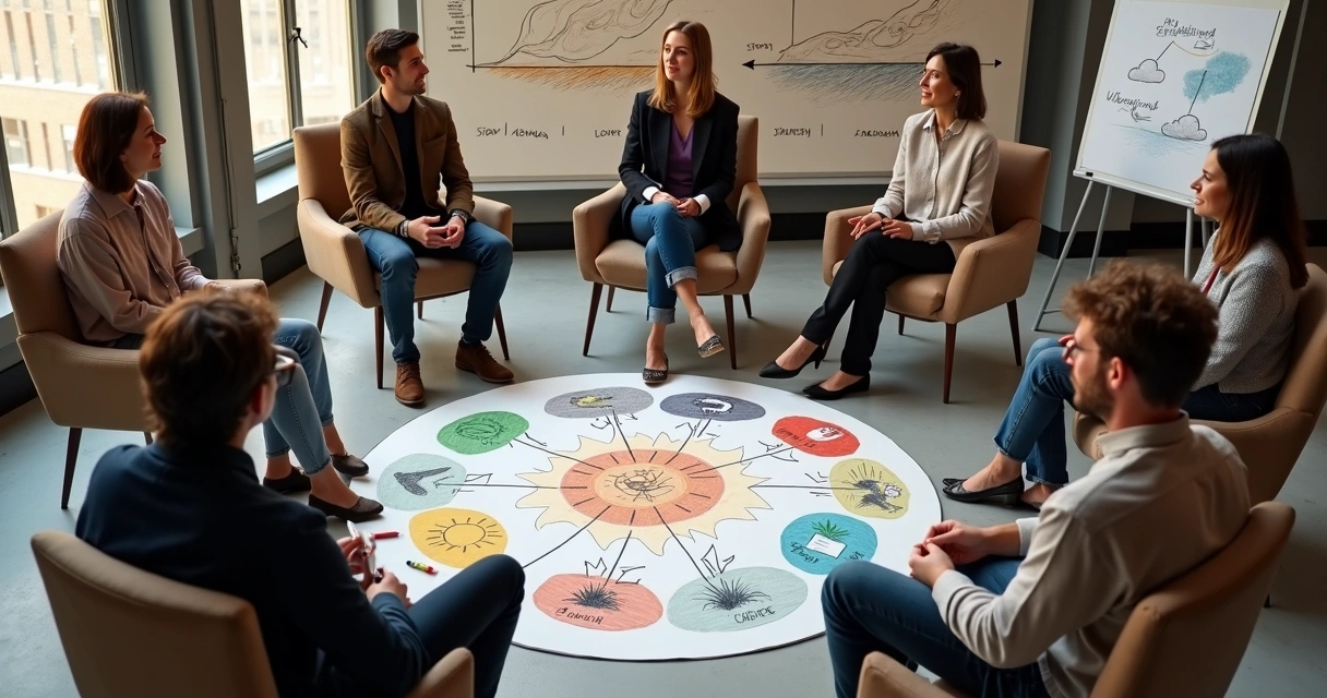 Team sharing stories in a circle with symbolic drawings on the floor 