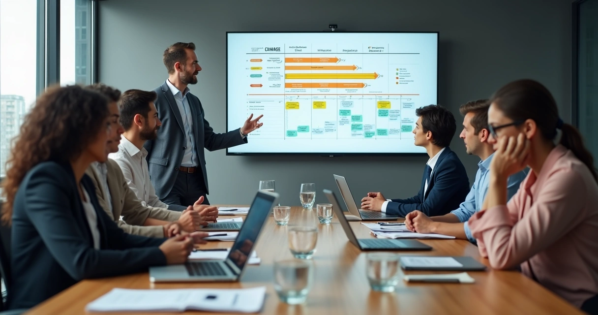 Team in a meeting room showing resistance to change proposal 
