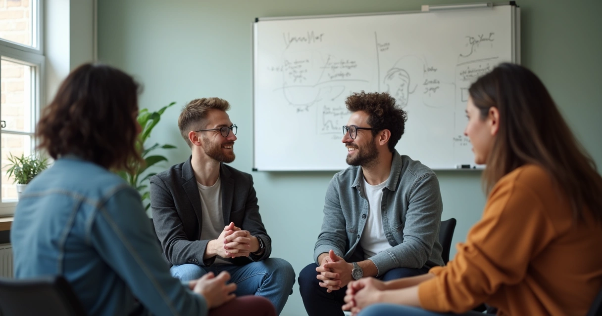 Equipe sentada em círculo, dialogando, cada um com expressão aberta, uma lousa ao fundo com ideias anotadas 