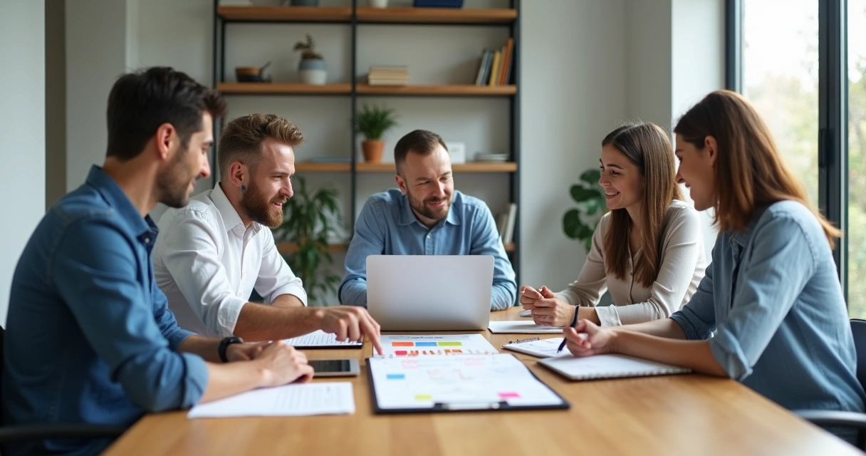 Diverse team collaborating around a table with shared documents and tasks 