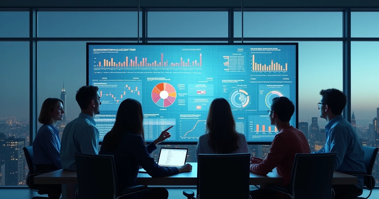 Group of professionals reviewing digital treasury analytics on a screen 