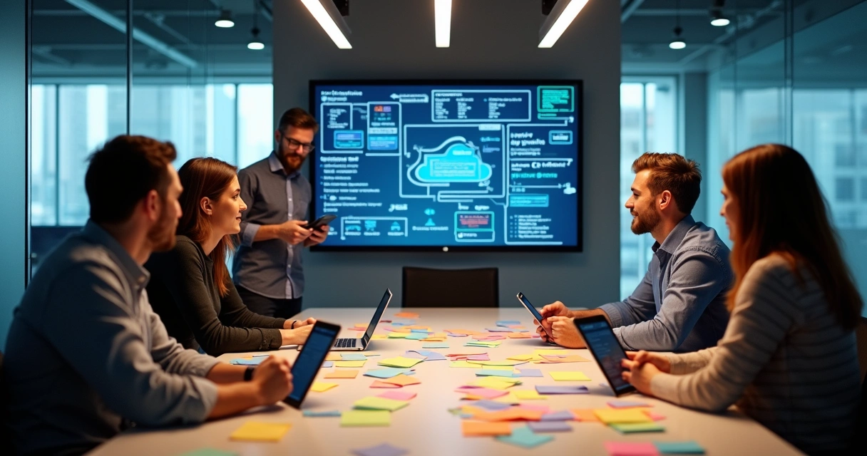 Equipe discute anteprojeto digital com diagramas e mockups em tela 