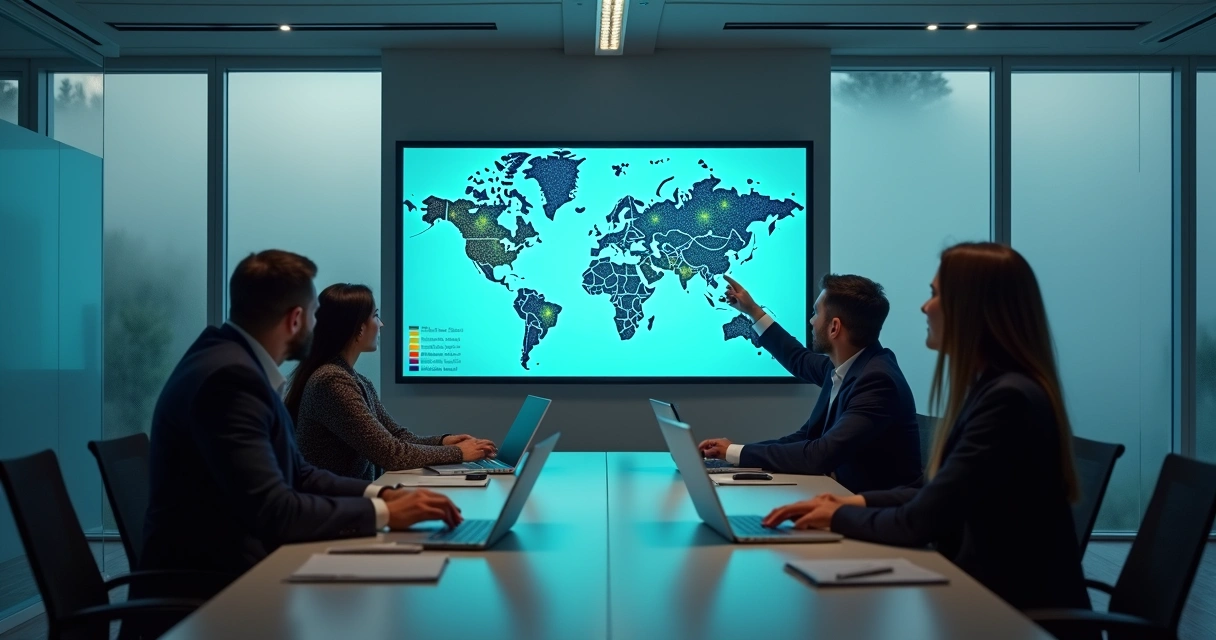 Strategy team reviewing market map on wall screen