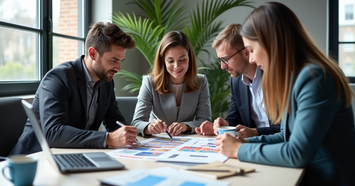 People discussing a portfolio at a desk 