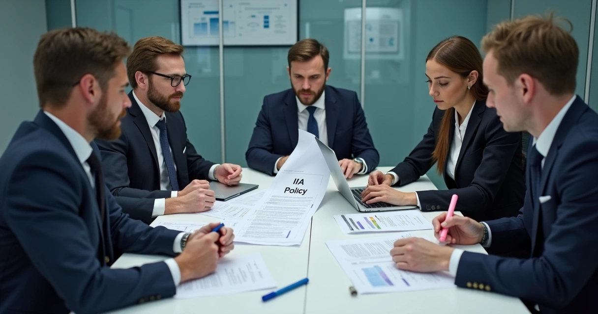 Equipe empresarial analisando documento de política de IA juntos em volta de uma mesa 