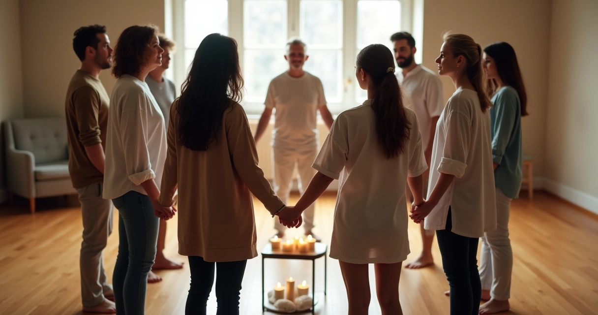 Group of people standing in a circle holding hands during a team ritual 