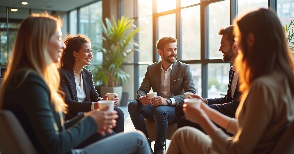 Office team in casual setting holding a morning meeting with coffee cups and shared laughter