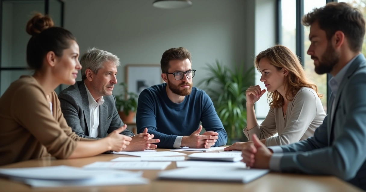 Several people at a table looking uncertain and unsure while papers scatter between them 