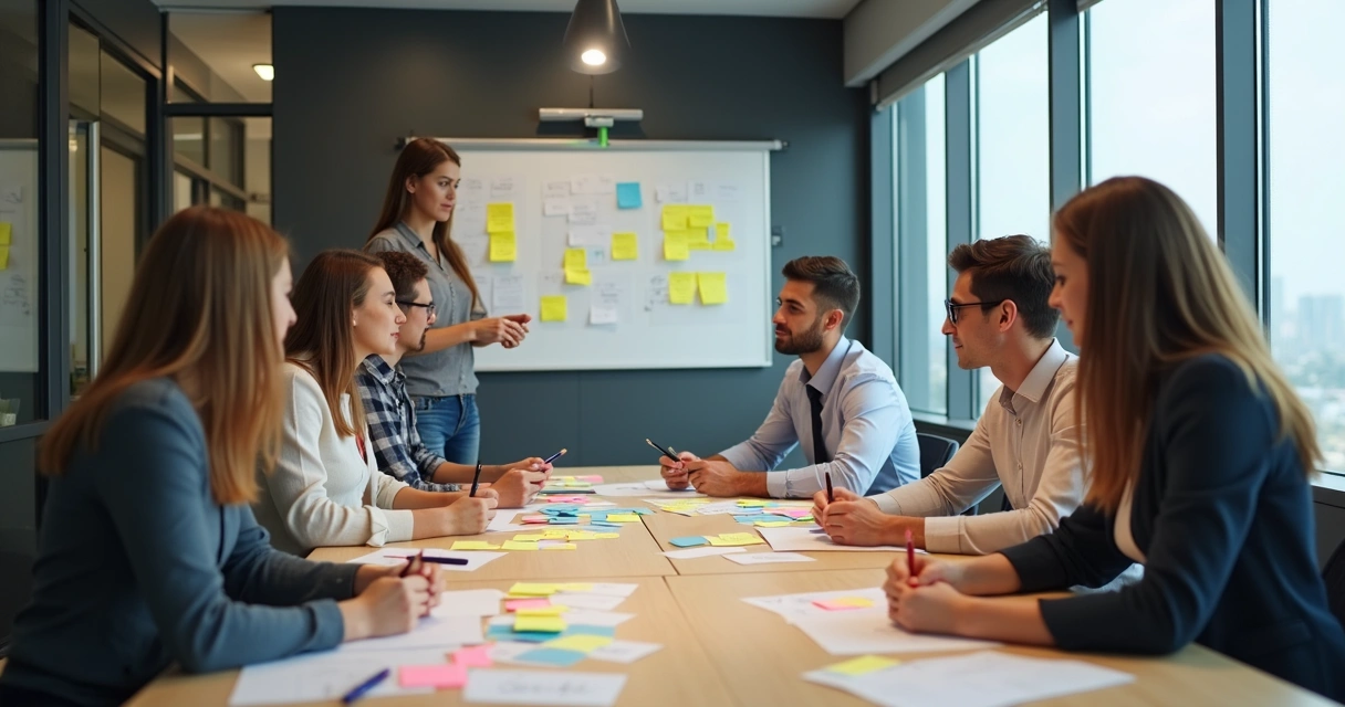 Team around a table taking turns leading a meeting, with visible sticky notes and diverse members participating 