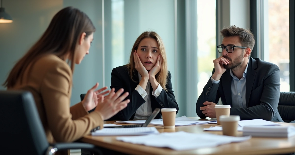 Three colleagues in business attire having a difficult conversation around a table. 