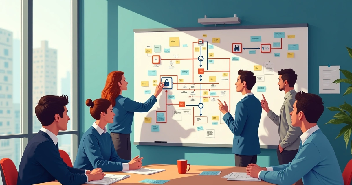 Equipe em reunião Scrum discutindo fluxo de chaves em um quadro branco 