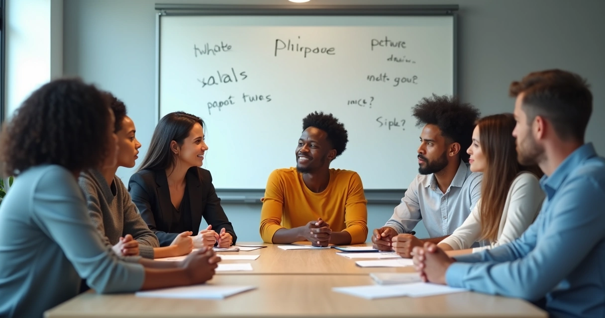 Diverse team sitting around table, looking uncertain and lost 