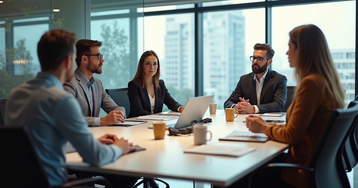 Office team gathered around a table, one person confidently expressing a boundary with attentive listeners. 