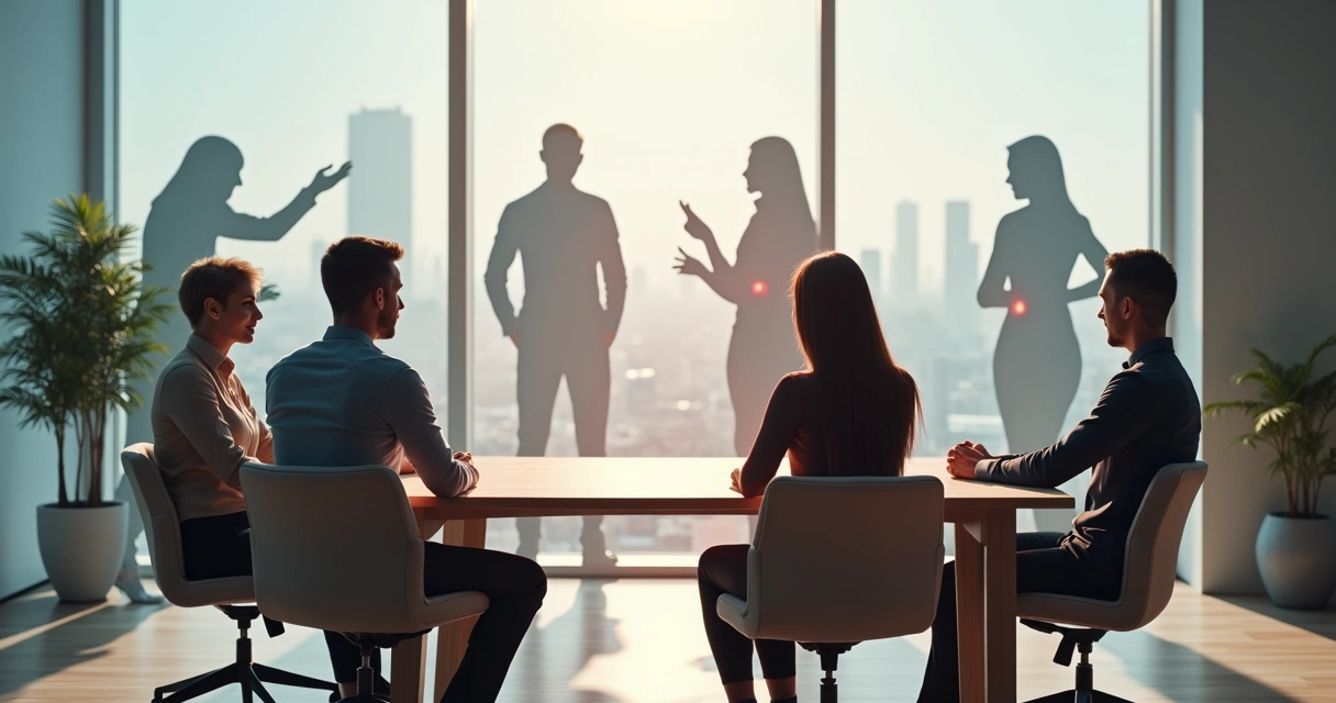 Office team seated at table with shadow figures connected by red strings 