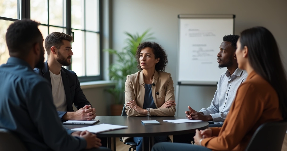 Work team sitting in a circle having a serious conversation in a quiet office 