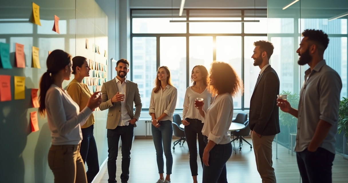 Team in casual meeting room sharing feedback while standing with sticky notes
