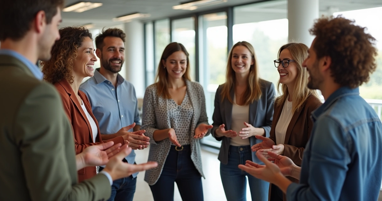 Diverse group sharing gratitude in modern office 