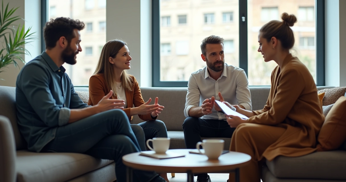Four colleagues in casual clothes sitting in a circle, sharing stories in a relaxed office lounge.