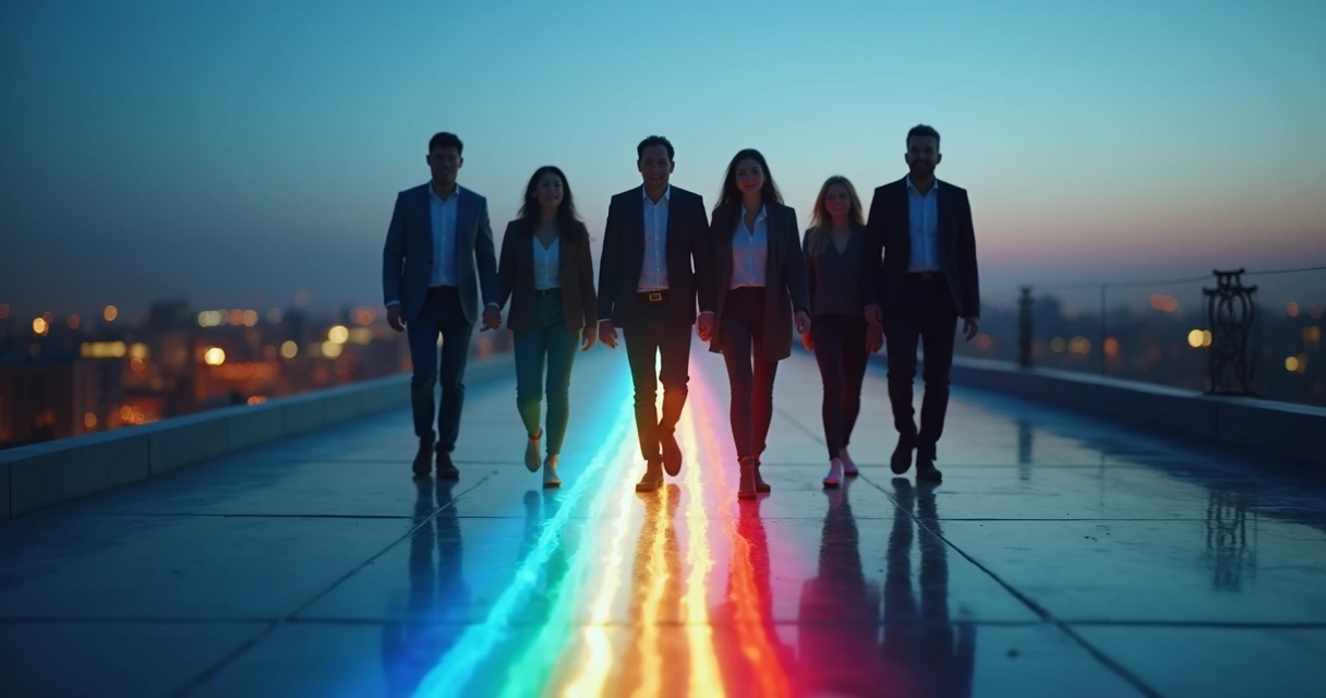 Group walking together creating one light trail around them 