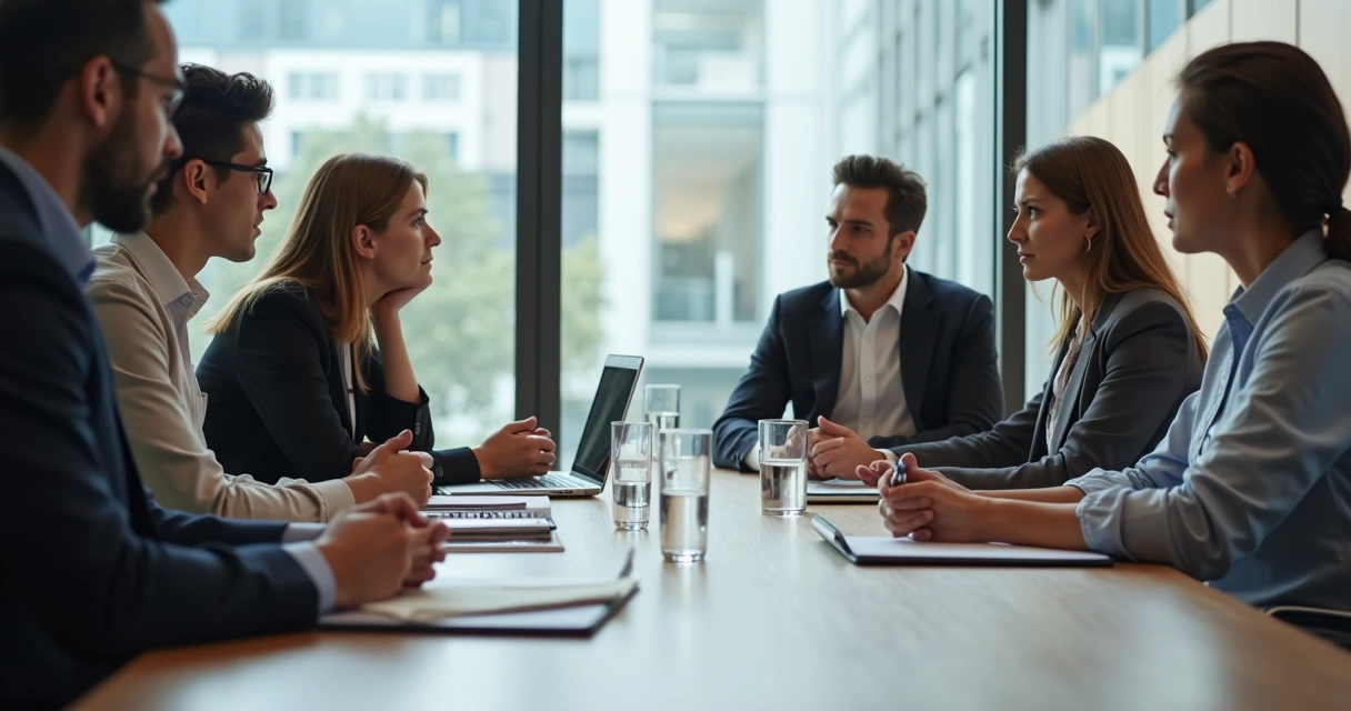 Small group whispering while a meeting continues at the table