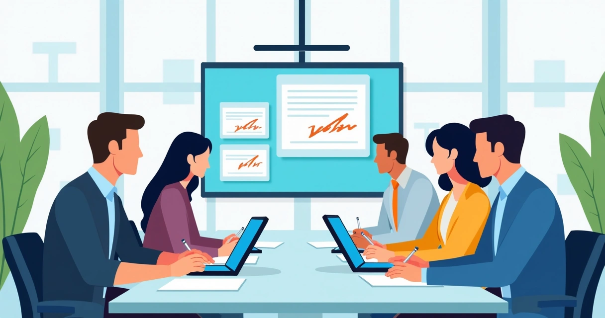 Business team signing contract digitally on tablets in conference room 