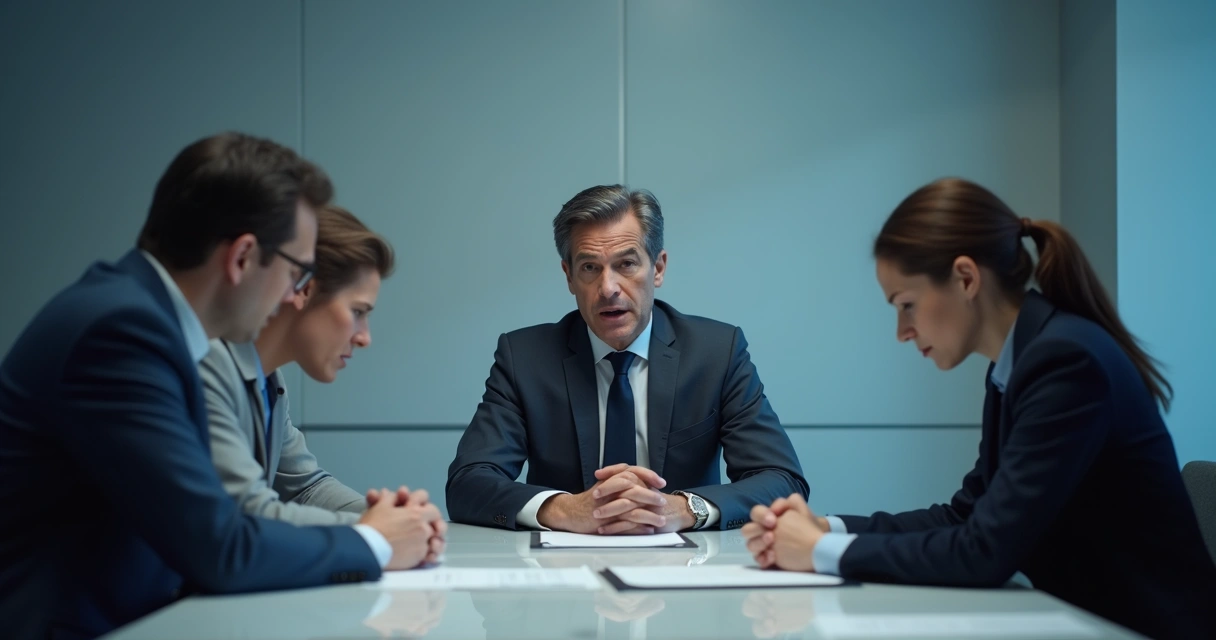 Four professionals seated around a meeting table, avoiding eye contact as one speaks, illustrating unspoken tension. 