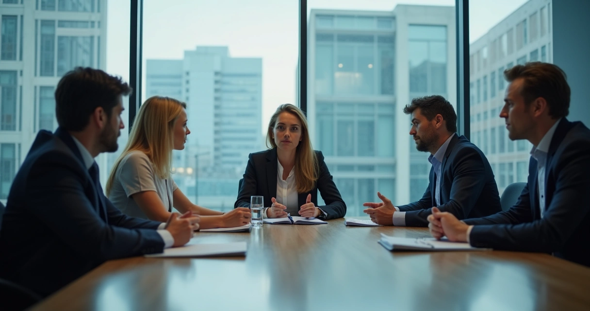 Team sitting quietly in a tense meeting room 
