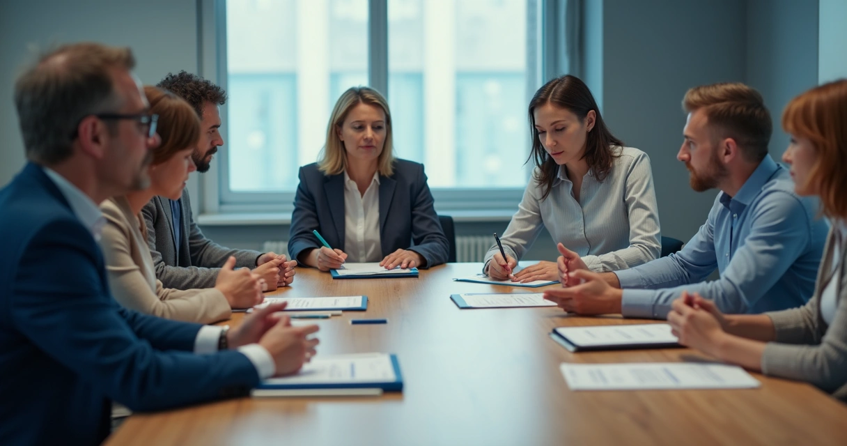 Team sitting in a tense meeting with papers and no one speaking 