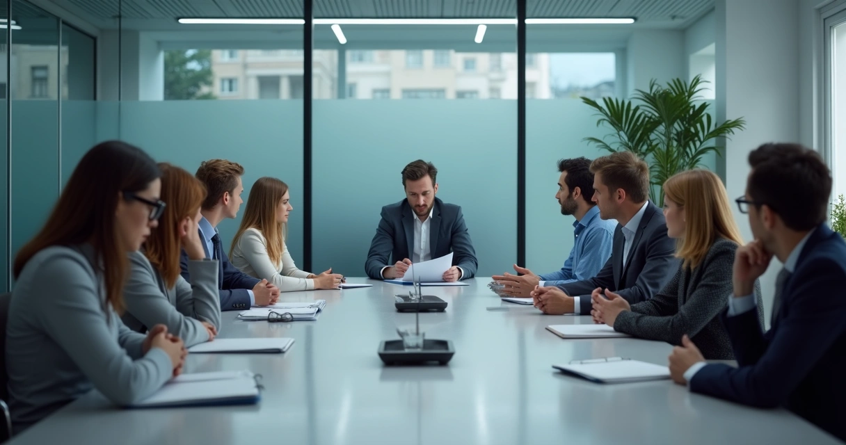 Employees sitting quietly in a tense office meeting