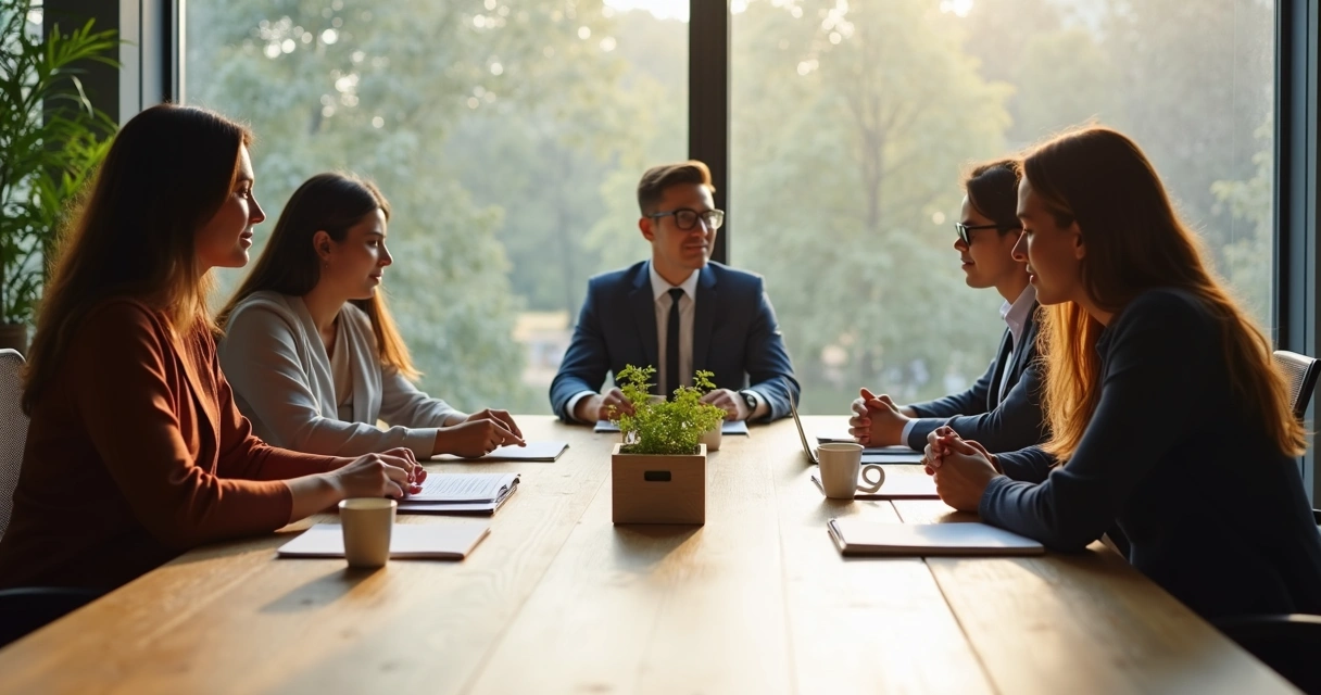 Team sitting quietly around a table before a meeting 