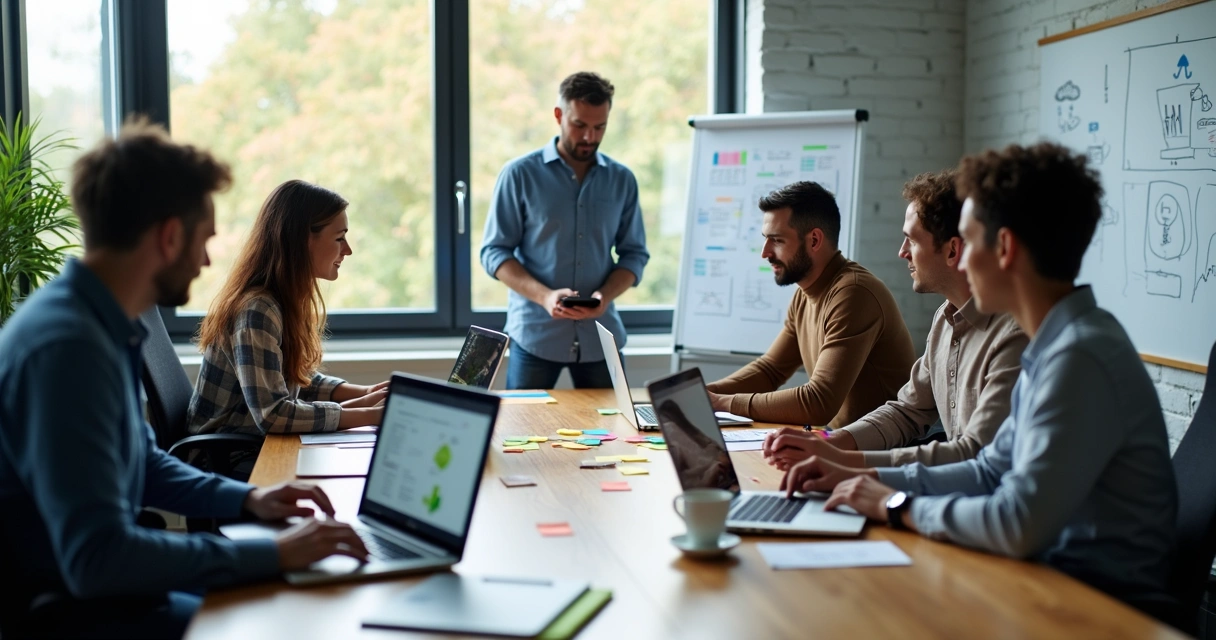Developers collaborating at a modern desk with laptops and digital screens