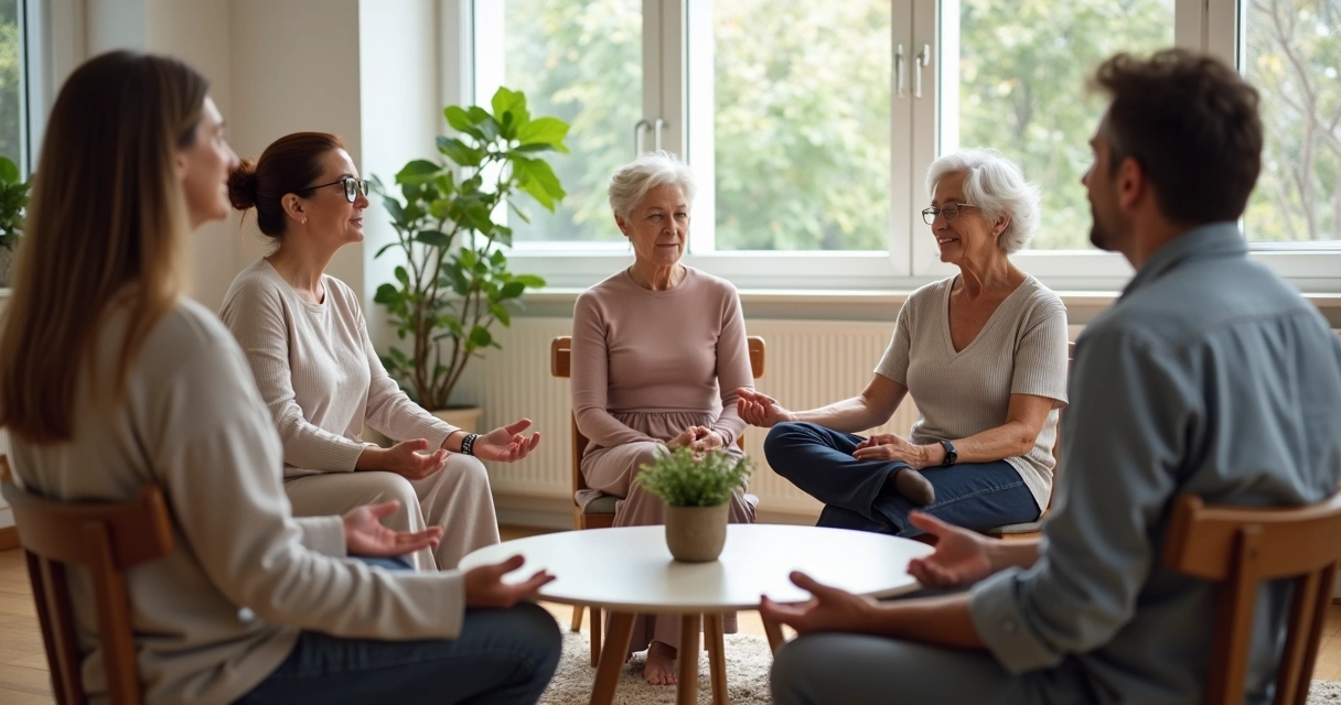 Team sitting in a circle, pausing with closed eyes for a somatic check-in 