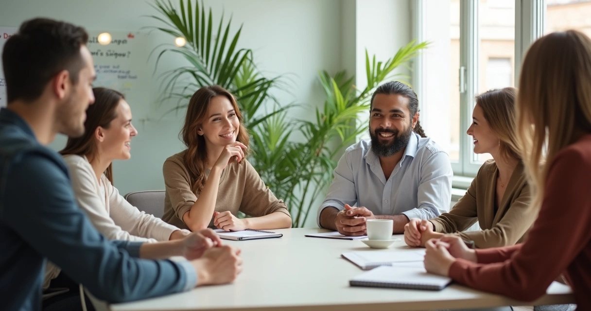 Team members speaking openly in a bright office 