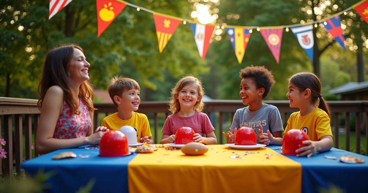Backyard decorated with team flags, string lights, and fan gear for a tailgate.