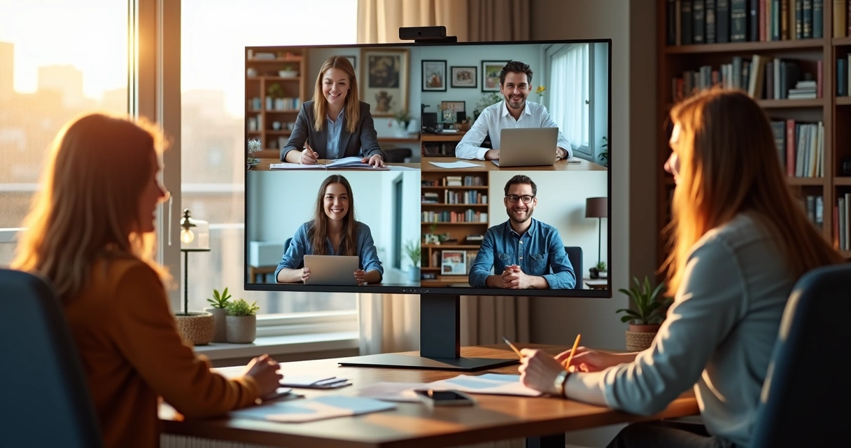 Hybrid team members working together from office and home environments