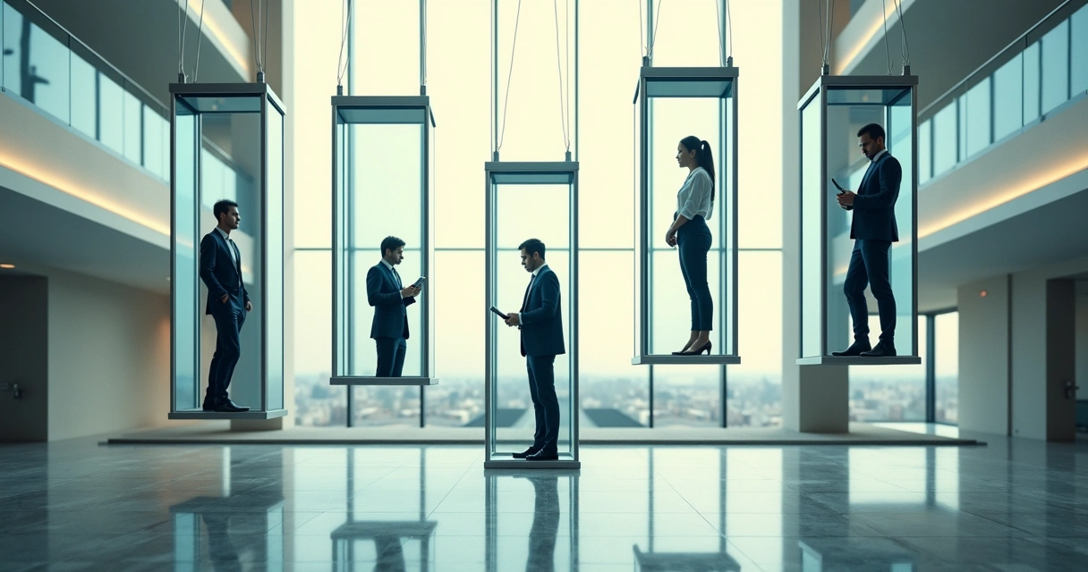 Team members in different elevators moving at uneven heights 