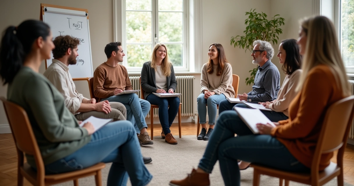 Group seated in a circle sharing stories in a warm meeting room 