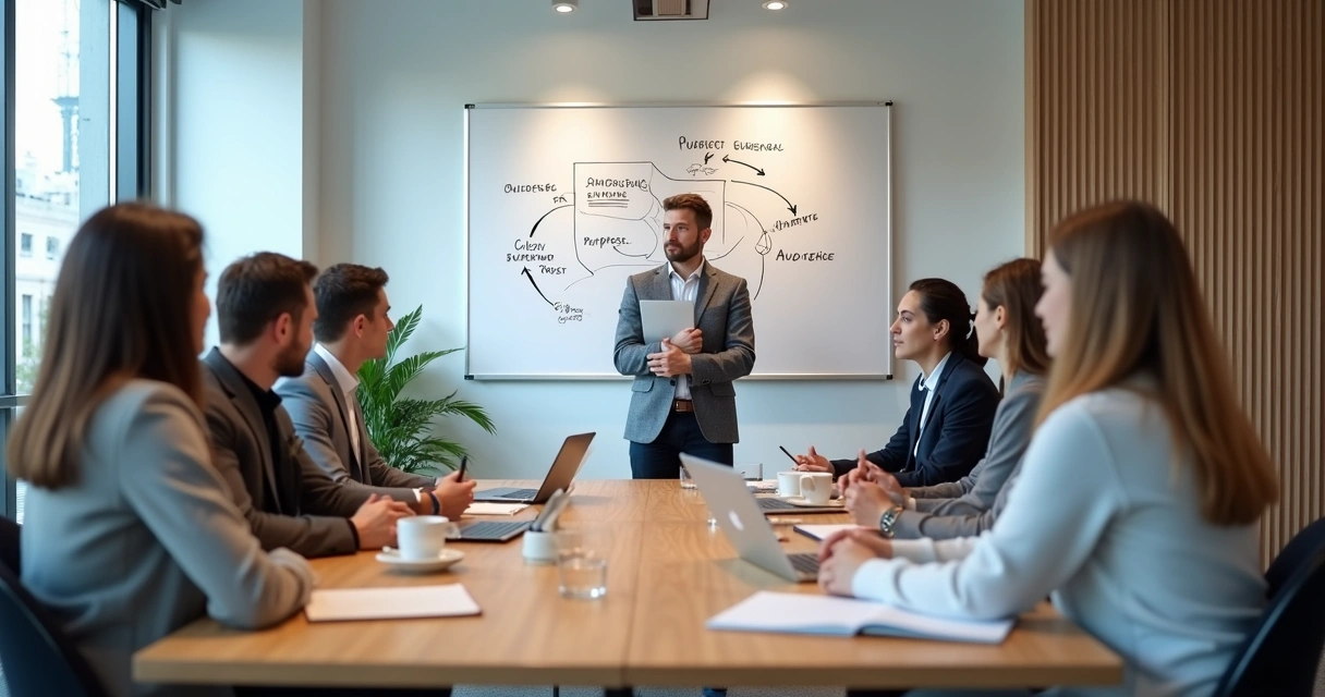 Team in a meeting discussing ideas on a whiteboard