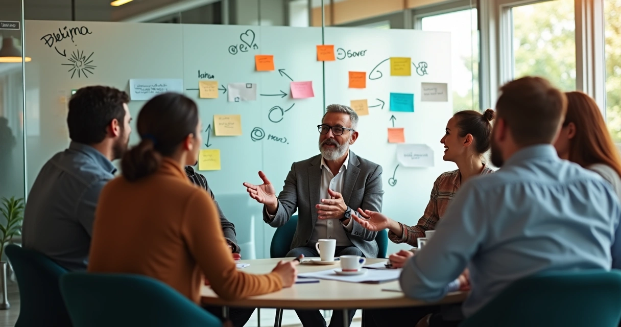 Diverse team in a circle sharing stories with connected symbols on a glass wall 
