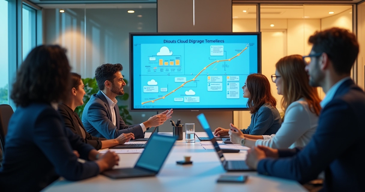 Business team meets to plan cloud migration strategy 