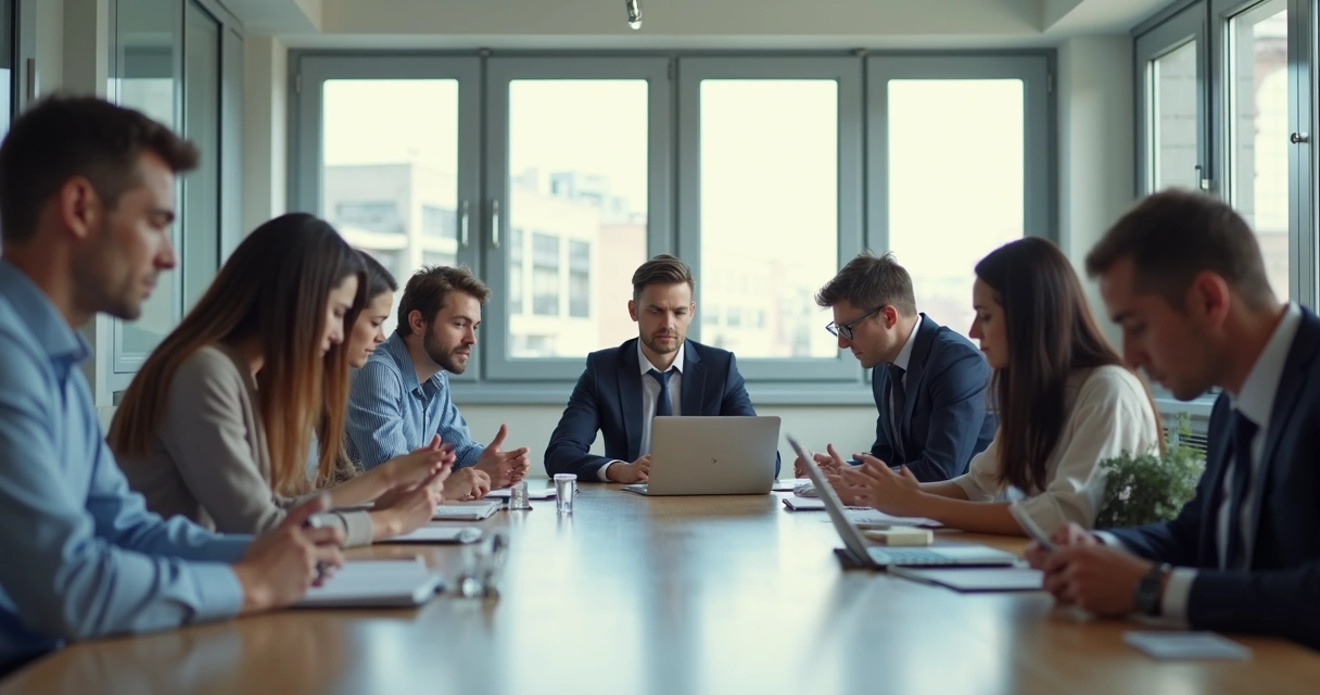 Stressed group of office coworkers at shared workspace table 