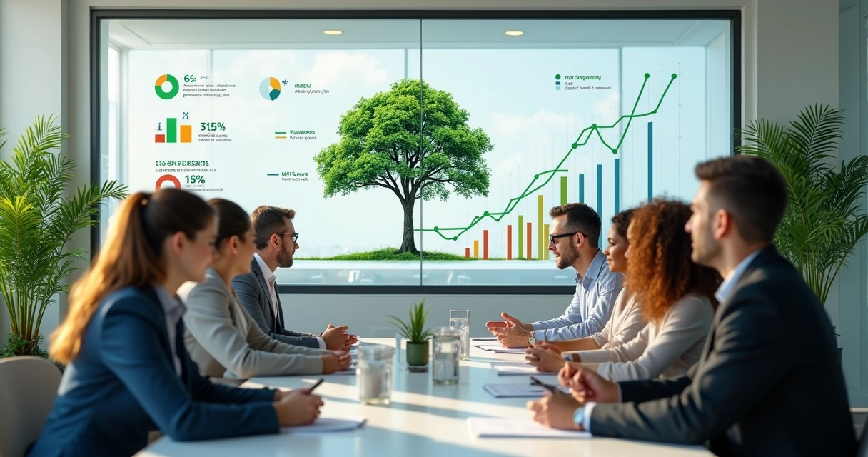 Office meeting with diverse employees discussing charts and a tree symbol in the background 