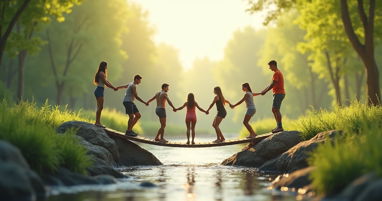 People forming bridge with hands to help others cross gap, symbolizing support
