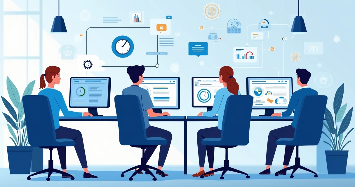 Equipe de TI atendendo chamados em espaço moderno, cada um focado em diferentes telas 